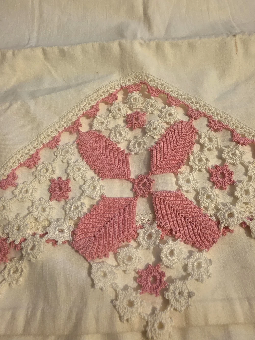 Handcrafted White Pillowcases with Pink Crochet Accents